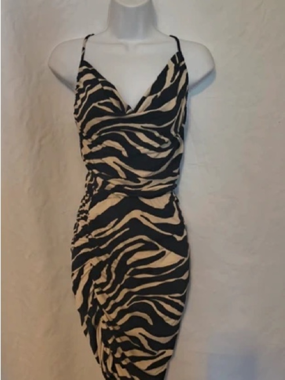 Moda International Zebra-Print Cowl Midi Dress in Black and Cream